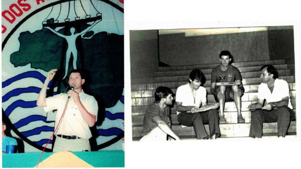 Ricardo Montagner en una conferencia del MAB. Foto izquierda. Militantes del CRAB de la cuenca del río Uruguai al final de los años 80: Ricardo Montagner en el escalón de arriba, Mauro Postal, Luiz Dalla Costa e Ivar Pavan abajo.