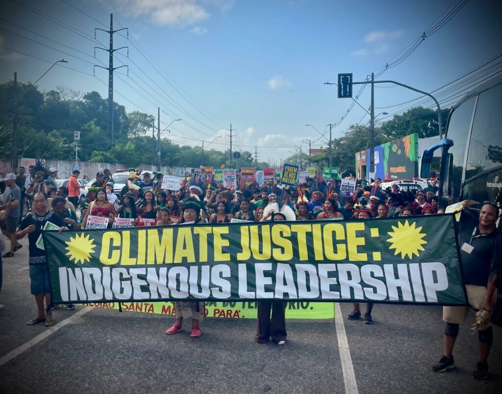 Marcha dos Povos Indígenas ocupa Belém e reforça: não há justiça climática sem territórios protegidos e sem a liderança dos povos originários. Foto: Rafael Zãn / MAB