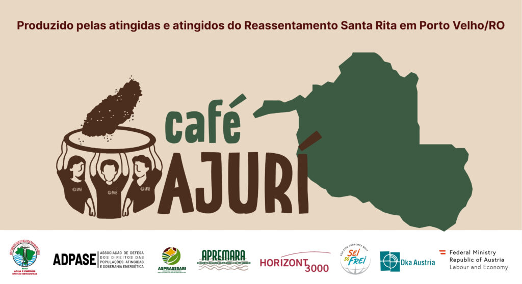 Identidade visual do Café Ajurí, fruto da organização das famílias atingidas do Reassentamento Santa Rita, em Porto Velho (RO), e das parcerias que fortalecem a produção coletiva. 