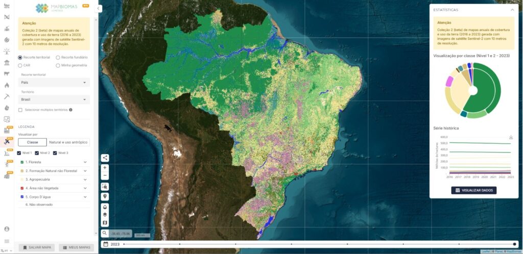 O MapBiomas processa imagens de satélite para mapear as transformações na cobertura e no uso da terra no território brasileiro. Foto: Reprodução / MapBiomas